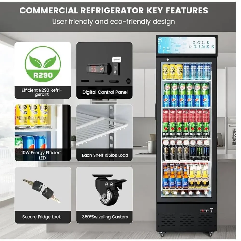Commercial Beverage Fridge Glass Door Led Lights 12 Cu Ft Adjustable Shelves